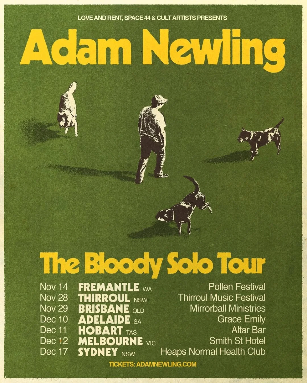 Adam Newling The Bloody Solo Tour poster featuring a man surrounded by dogs on a green background with Australian tour dates.